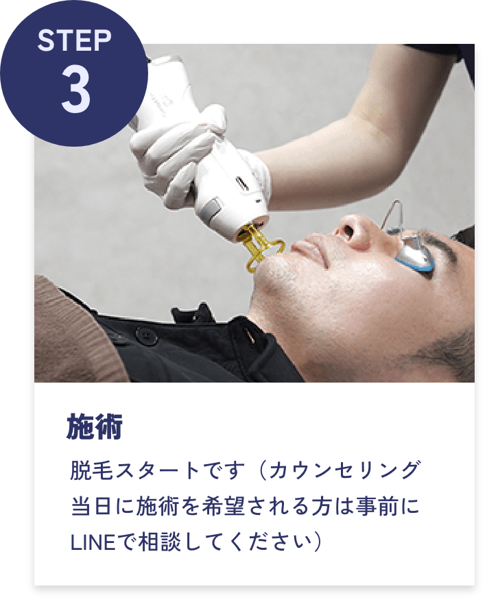 STEP3 施術 脱毛スタートです（カウンセリング当日に施術を希望される方は事前にLINEで相談してください）