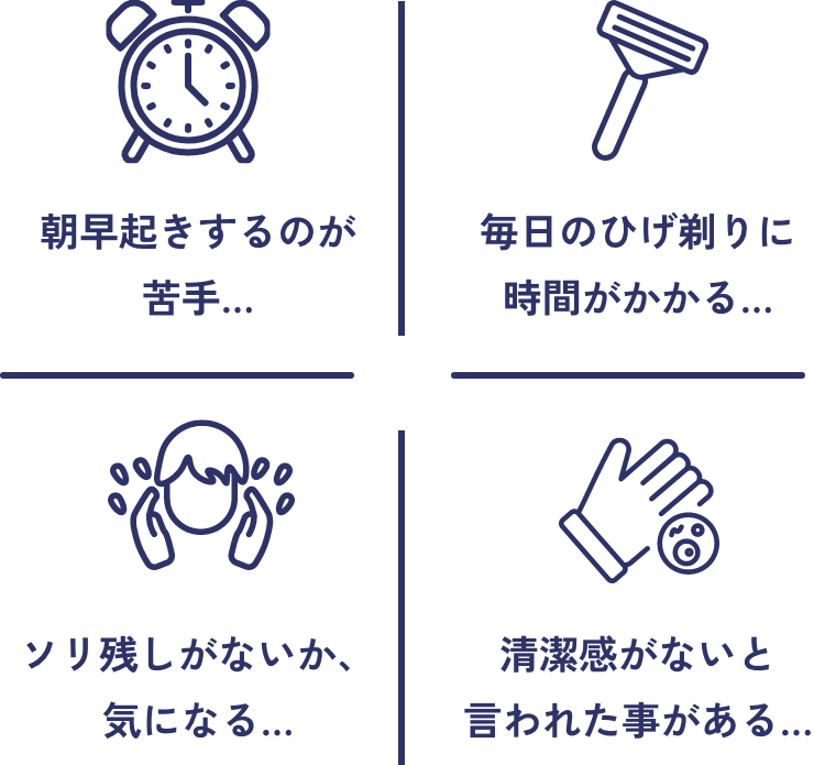 朝早起きするのが苦手…。毎日のひげ剃りに時間がかかる…。ソリ残しがないか気になる…。清潔感がないと言われたことがある…。