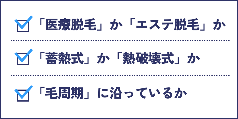 「医療脱毛」か「エステ脱毛」か、「蓄熱式」か「熱破壊式」か、「毛周期」に沿っているか